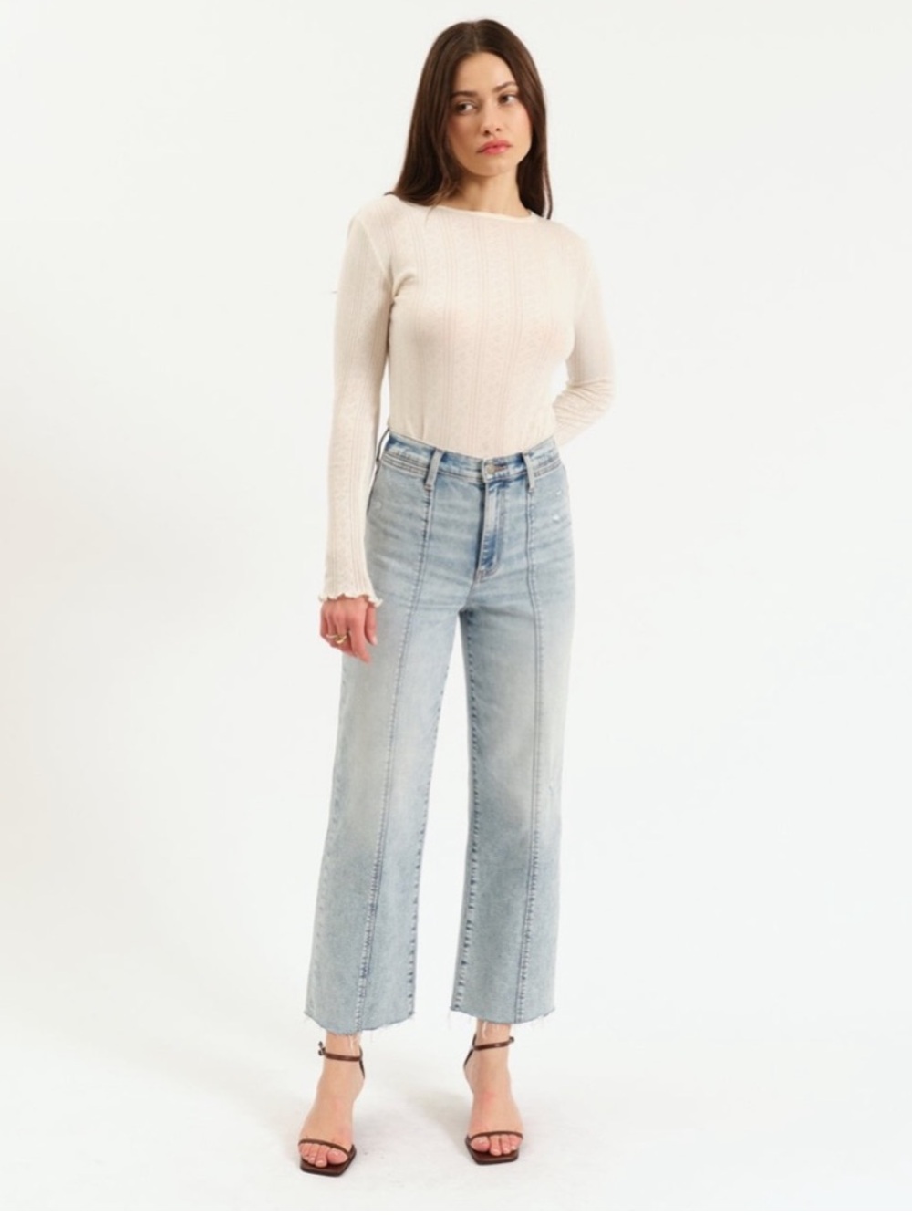 High-Rise Light Wash Straight Crop Jeans - Cream